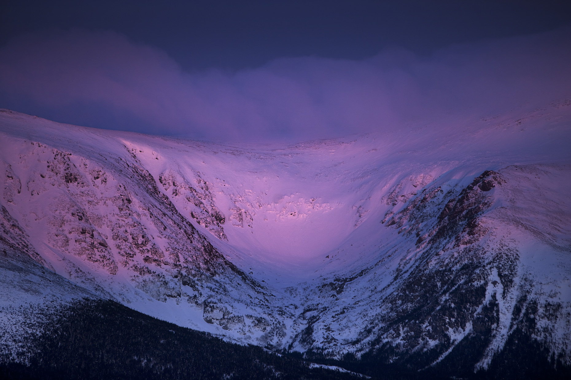 Tuckerman Ravine purple sunrise by New Hampshire based commercial outdoor photographer Brian Nevins