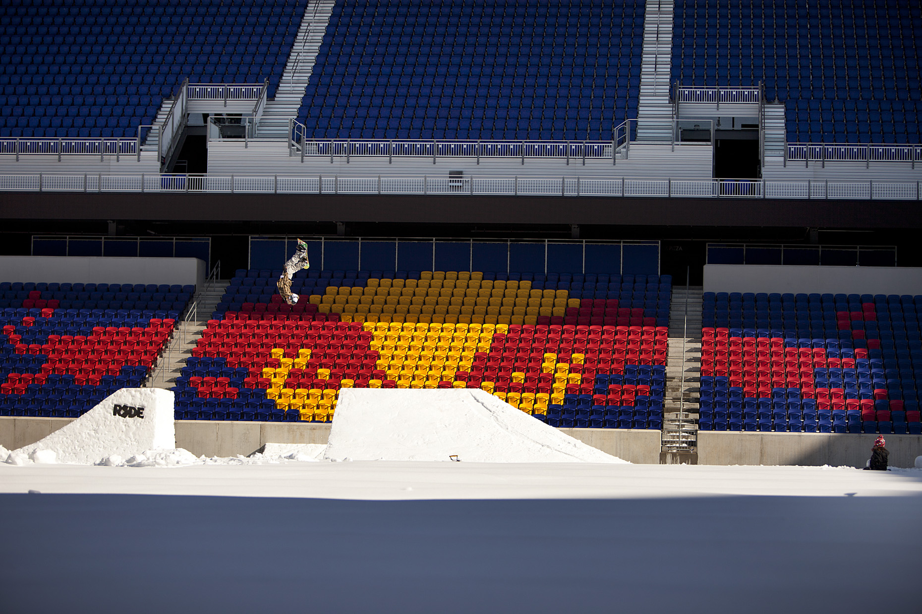 Nils Mindnech Snowboards Red Bulls soccer Stadium by Boston based commercial sports photographer Brian Nevins